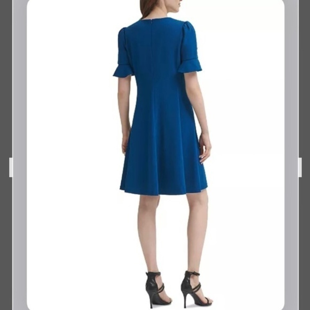 DKNY Button Sleeve Flounce Fit & Flare Dress in Blue Size 4 - Picture 2 of 14
